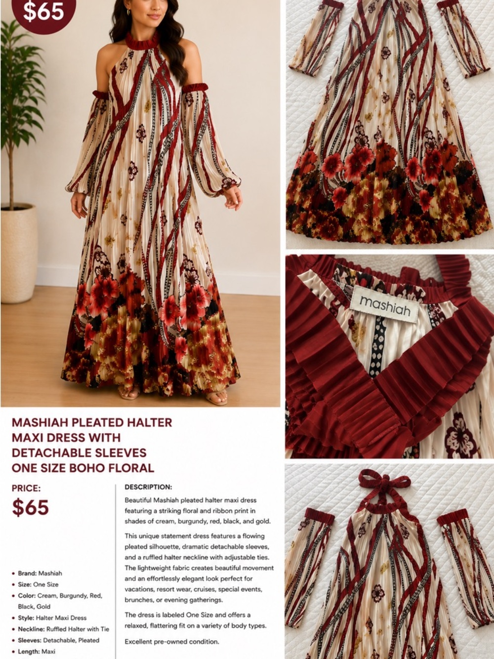 Burgundy & Cream Pleated Halter Maxi Dress